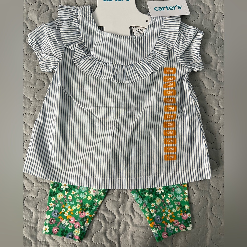 Carters girls 2 Piece outfit set striped top shirt floral Capri leggings pants